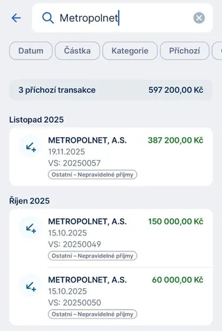 Platby od firmy Metropolnet